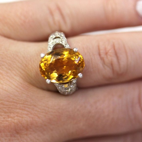 7.2 ctw Natural Yellow Citrine & Diamond Cocktail Ring 14K White Gold - Picture 2 of 7